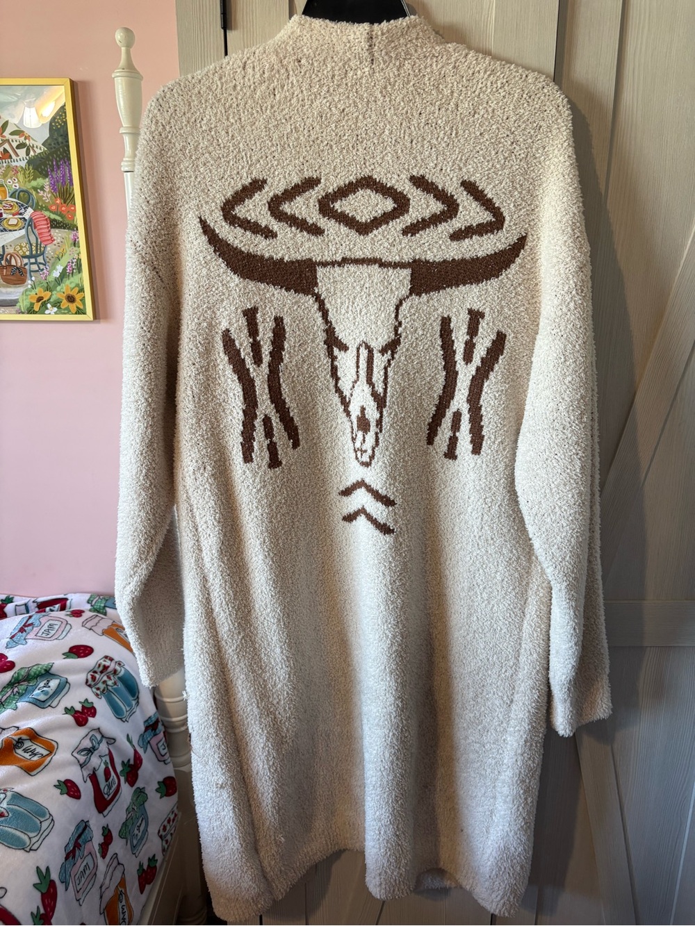 1.4.3. Story by Line Up Cream Bouclé Long Cardigan with Brown Skull Motif